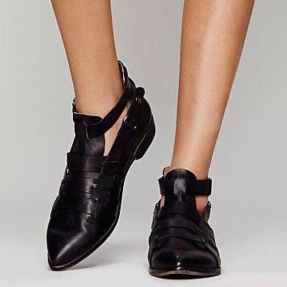Free People Black Leather Style Nine Ankle Boots Double Buckle Strappy Booties - Picture 2 of 12